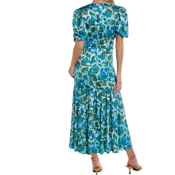 AMUR Floral Trissa Ruched Midi Dress Blue Green Watercolor Print Trissa - Size 4 - Picture 4 of 10